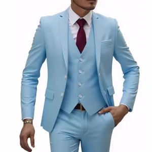 Men light blue slim fit three piece suit set for wedding business formal professional
