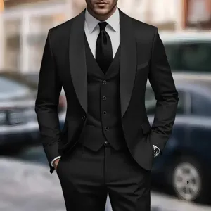 Men's classic black 3-piece suit slim fit business formal tuxedo jacket vest pants.