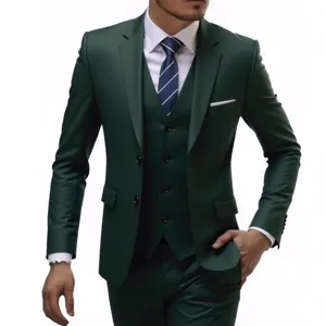 Men's slim fit dark green 3-piece suit jacket vest pants formal wedding business outfit