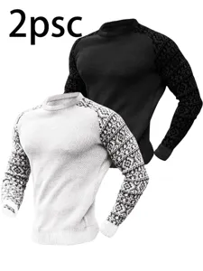 Hommes gaufre manches longues t-shirt 2pcs ensemble pull décontracté hauts mode chic neuf