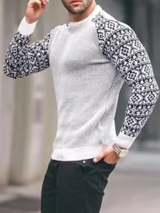 Pull à manches longues en tricot gaufré pour homme avec motif géométrique décontracté