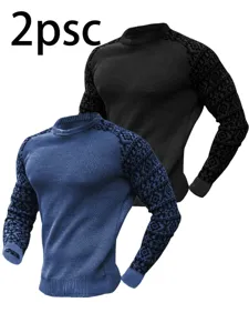 Ensemble de t-shirt manches longues gaufre homme deux pieces pull decontracte top 2pcs.