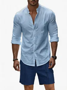 Set uomo casual azzurro camicia manica lunga lino collo a coreana e pantaloncini estate