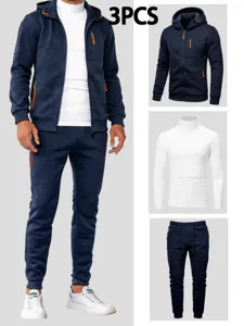 Men 3-piece casual tracksuit set featuring zip pocket hoodie, white turtleneck t-shirt and pants.