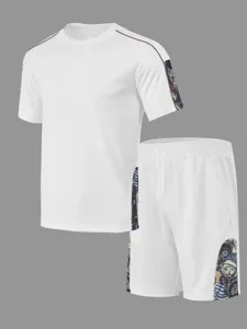 Ensemble t-shirt et short manches courtes homme ete decontracte blanc patchwork set
