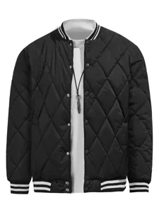 Men black quilted bomber jacket detail, stylish winter casual outerwear with ribbed trim.