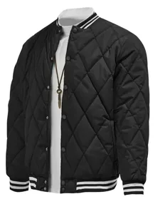 Black quilted bomber jacket detail featuring snap buttons, striped ribbed cuffs and collar.