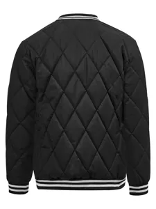 Men's winter black quilted jacket, stylish diamond pattern puffer coat with striped ribbed trim.