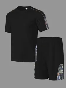 Ensemble décontracté pour homme t-shirt noir à manches courtes et short avec imprimé