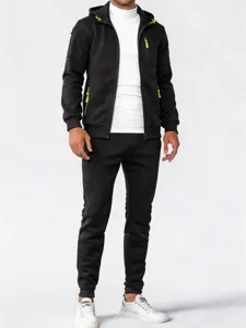 Men's casual black zip hoodie activewear 3-piece set detailed view for autumn and winter outdoor.