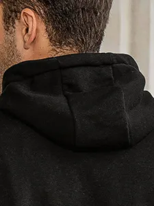 Detailed close-up view of the black hoodie back and hood, showcasing fabric texture.
