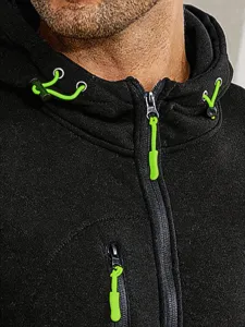Detailed view of black fleece zip hoodie collar with vibrant neon green drawstrings and zipper.