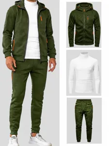 Detailed view of men 3-piece tracksuit set, green hoodie, white t-shirt and pants.