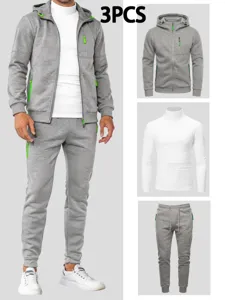 Men 3PCS Tracksuit Set Full Zip Hoodie Turtleneck T-Shirt Sweatpants Casual Sportswear