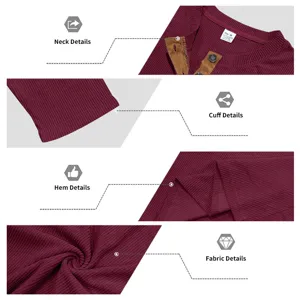 Detalle de camisa Henley de manga larga acanalada para hombre con solapa de contraste.