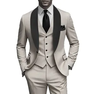 Men's elegant slim fit three-piece suit set business wedding formal blazer vest pants