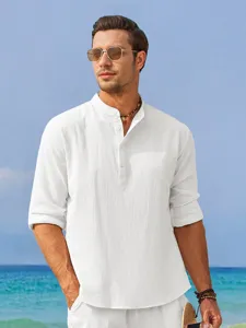 Men's summer solid white linen casual mandarin collar button long sleeve shirt detail