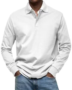 Close-up detail of mens long sleeve polo shirt, solid color lapel design, comfortable casual wear.