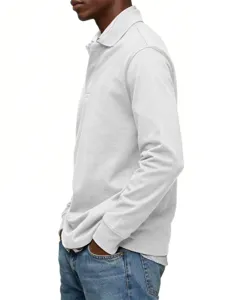 Detail view of a light grey long sleeve polo shirt with classic collar and buttons.