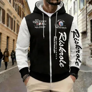 Mens colorblock zip hoodie casual streetwear long sleeve hooded sweatshirt with graphic print