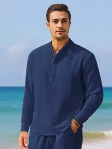 Men's summer solid color linen stand collar long sleeve casual shirt detail view.