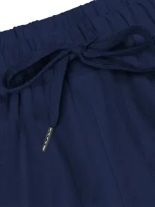 Men casual pants elastic drawstring waist detail, dark blue fabric close-up shot.