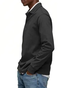 Detail view of men's long sleeve polo shirt in dark grey, casual lapel design and comfy fit.