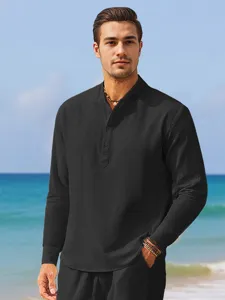 Men's Summer Casual Solid Color Linen Long Sleeve Mandarin Collar Shirt for Daily Wear