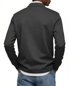 Detailed back view of a mens long sleeve polo shirt in solid color, casual wear studio shot.