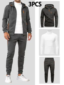 Men's 3-piece sportswear set detail showing zip hoodie, turtleneck t-shirt and sweatpants.