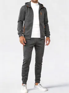 Men's casual tracksuit detail showing full outfit with hoodie jacket, pants and inner layer.