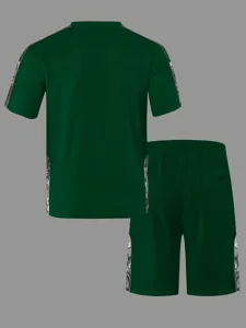 Ensemble t-shirt short manches courtes gaufre homme vert decontracte streetwear ete