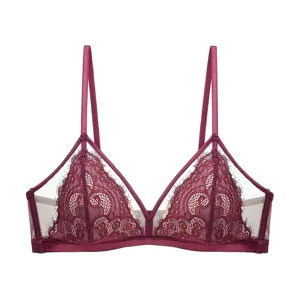 Sexy burgundy French eyelash lace bralette, thin wireless bra for women with sheer mesh