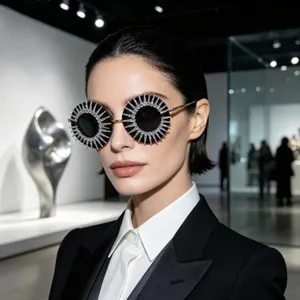 Lunettes De Soleil Rondes Pour Femmes Avec Monture En Métal Et Design Rayons De Soleil En Strass Étincelants Rétro