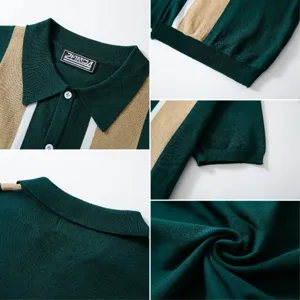Detail view of men's vintage color-block knitted polo shirt showing fabric texture