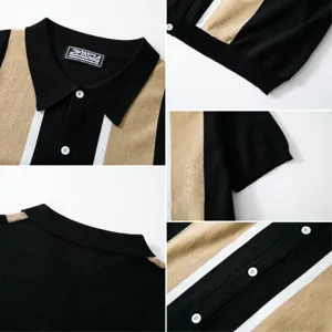 Detailed view of a vintage color-block knit polo shirt featuring refined stitching details