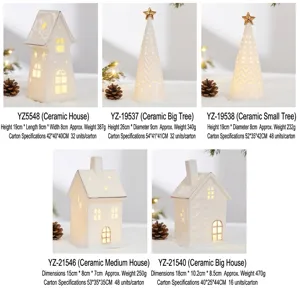 Detailed dimensions and weight for ceramic LED Christmas tree and house ornaments.