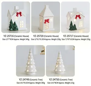 Detailed view of white ceramic glowing Christmas houses and trees with dimensions
