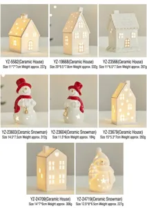 Detailed view of various white ceramic Christmas house and snowman LED ornaments.