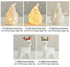Set of white ceramic Christmas ornaments with LED light featuring Santa Snowman and Reindeer