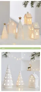 Macro detail showing white glowing ceramic Christmas trees and cozy miniature houses