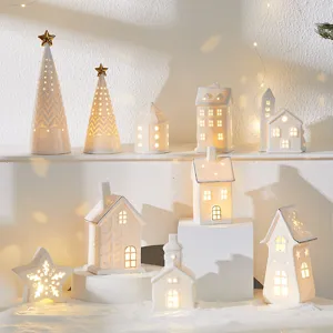 Glowing White Ceramic Christmas Tree And House Ornaments With LED Warm Light Gold Star Top For Tabletop Holiday Decoration