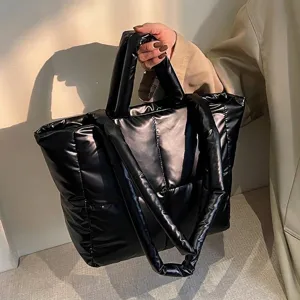 Women Large Capacity Nylon Quilted Tote Bag Metallic Puffer Shoulder Bag Glossy Commuting Handbag Daily Leisure Travel Bag