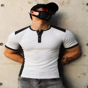 Men color block short sleeve t-shirt casual slim fit half button summer top breathable