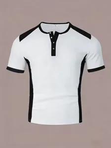 Men's colorblock short sleeve t-shirt casual slim fit summer henley top with buttons.