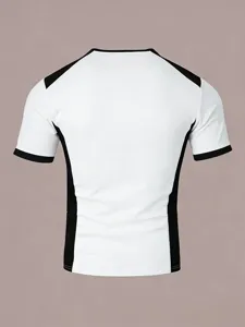 Back view of men's color-block short sleeve t-shirt, casual sportswear detail white.