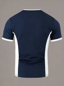 Men's contrast color short sleeve t-shirt, casual slim fit athletic top detail view.