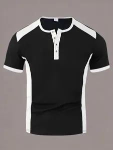 Men color block short sleeve Henley t-shirt detail view showing ribbed fabric and buttons.