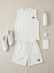 Men knitted vest shorts set summer casual white sportswear breathable beach outfit flat lay