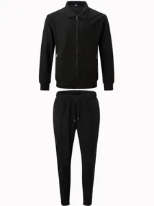 Black waffle knit jacket and sweatpants set, premium texture, comfortable daily activewear.